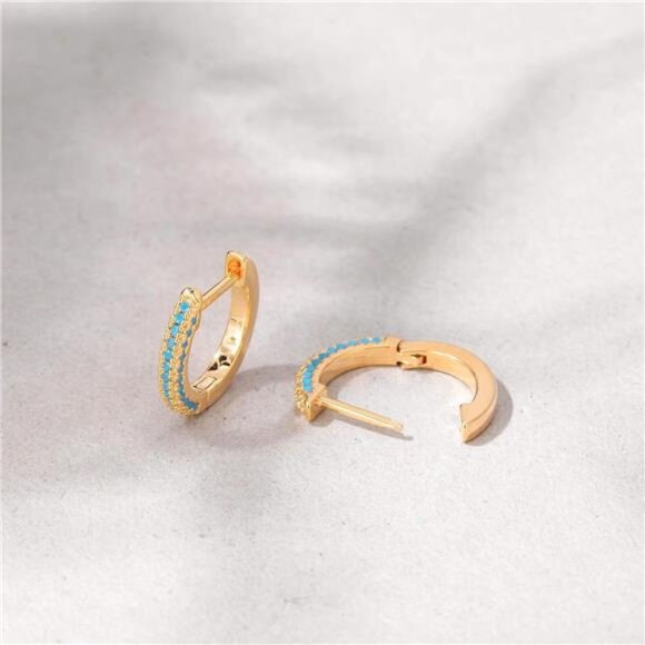 Gold Huggie Hoop Earrings Dainty Chunky Thick Hoop Diamond Cubic Zirconia - Picture 6 of 7